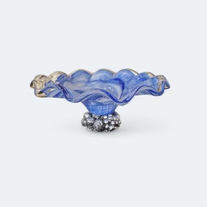 Vintage Italian Murano Cristalli D&#39;oggi Blue Swirl Bowl, Artisan Glass Silver Tone Fruit Pedestal Bowl, Ruffled Blue Clear Swirl Glass Bowl