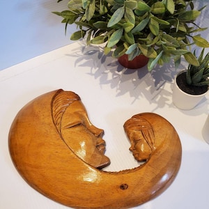 Vintage Wooden Carved Mother And Child Wall Decor, Hand Carved, Artisan Made, Folk Art Wall Hanging, Mid Century, Motherly Love, Mother Gift
