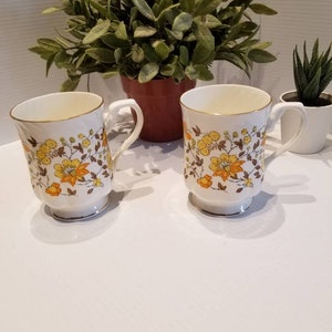 Vintage Hitkari Fine Bone China Floral Teacups, Set Of Two, 70s Teacups, Orange And Brown Teacups, Hitkari Teasets, Old Retro Teacups Mugs