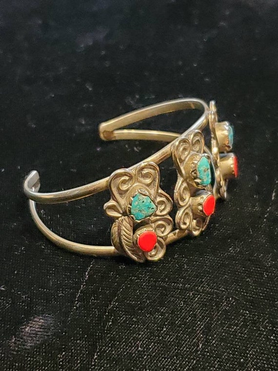 Vintage Mexican Silver Tone Turquoise Coral Cuff … - image 4