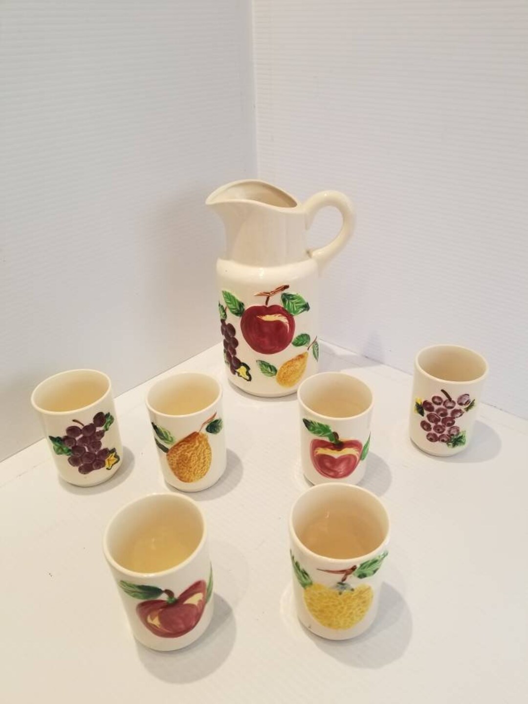 Vintage Ceramic Fruit Pitcher and Six Glasses, Made in Japan, 50s
