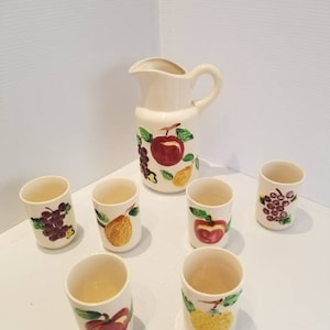 Vintage Ceramic Fruit Pitcher And Six Glasses, Made In Japan, 50s Pitcher Sets, Vintage Juice Sets, Vintage Patio Drinkware Sets, Majolica