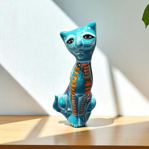chat poterie Talavera mexicain vintage, chat en argile Talavera, poterie Talavera peinte à la main, scène d&#39;oiseau floral Talavera, chat mexicain fait main