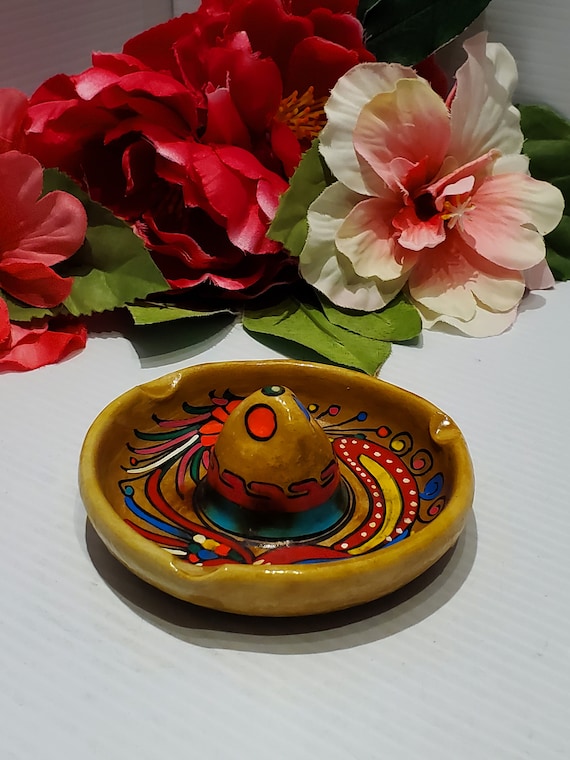 イタリア製 灰皿 小物入れ 手書き絵 レトロ セラミック灰皿 - レトロ