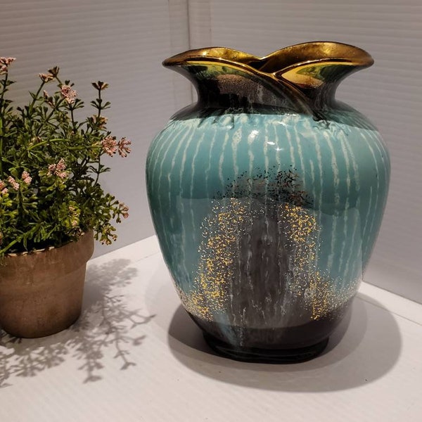 Vintage Carstens Tonnieshof Turqouise Gold Ceramic Germany Drip Glaze Vase, Mid Century Gold Speckled Turquoise Pottery Vase, German Decor