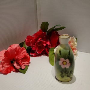 Vintage Hand Painted Porcelain Rose Bud Vase, Victorian Style Floral Painted Bud vase, Artisan Signed Vase, Victorian Decor, Wild Pink Rose
