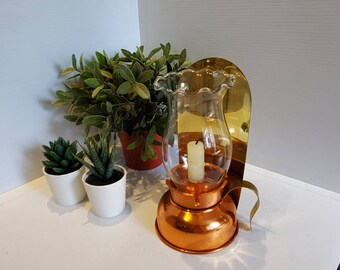 Vintage Brass And Copper Wall Sconce Hurricane Candle Holder, Mid Century, Old Wall Sconces, Copper Wall Decor, Vtg Hurricane Candle Decor