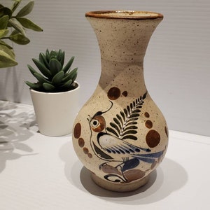 Vintage Mexican Tonala Bird Floral Vase, Sandstone Finish, Hand Painted, Mexican Decor, Tonala Pottery, Mexican Gifts, Artisan Made