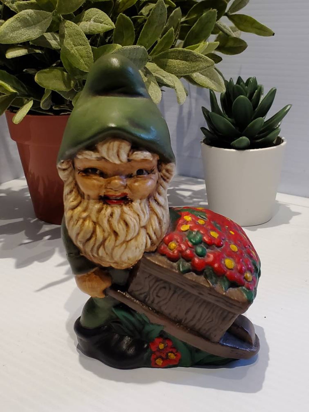 Vintage Ceramic Gnome With Wheelbarrow Figurine Gardening Etsy