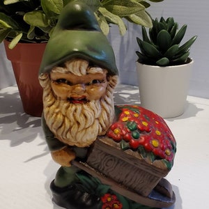 Vintage Ceramic Gnome With Wheelbarrow Figurine, Gardening Gnome, Handmade Ceramic Gnome, Gnome Decor, Gnome Giftware, Dwarf Figurine