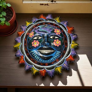 Vintage Mexican Talavera Sun Clay Wall Decor, Handpainted Mexican Decor, Floral And Bird Clay Wall Decor, Mexican Folk Art, Celestial Decor