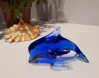 Vintage Art Glass Dolphin Figurine, Cobalt Blue Glass Dolphin, Hand Blown Artisan Glass Decor, Dolphin Decor, Dolphin Collectibles, Dolphin