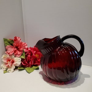 Vintage Ruby Red Anchor Hocking Fluted Swirl Ball Pitcher, Drink Serving, Drinkware, Depression Glass Pitcher, Christmas Pitcher
