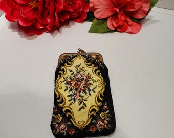 Vintage Floral Tapisserie Münze Wechselbrillen Geldbörse, viktorianisches Portemonnaie, viktorianisches Brillenetui, Floral Petit Point Münze Wechselgeldtasche