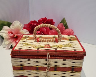 Vintage Wicker Floral Sewing Basket, Wicker Straw Floral Sewing Basket, Shabby Chic Basket, Red White Sewing Basket, Cottagecore Basket