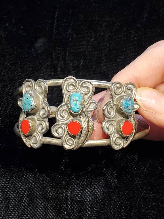 Vintage Mexican Silver Tone Turquoise Coral Cuff … - image 5