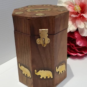 Vintage Wood And Brass Elephant Coin Bank, Elephant Decor, Lockable Bank, Boho Decor, India Elephant Bank, Elephant Gifts, African Decor