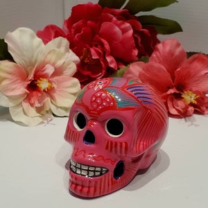Puede incluir: Calavera de cerámica rosa con detalles pintados coloridos, incluyendo un diseño de pájaro en la frente. La calavera tiene ojos negros y una sonrisa de dientes.