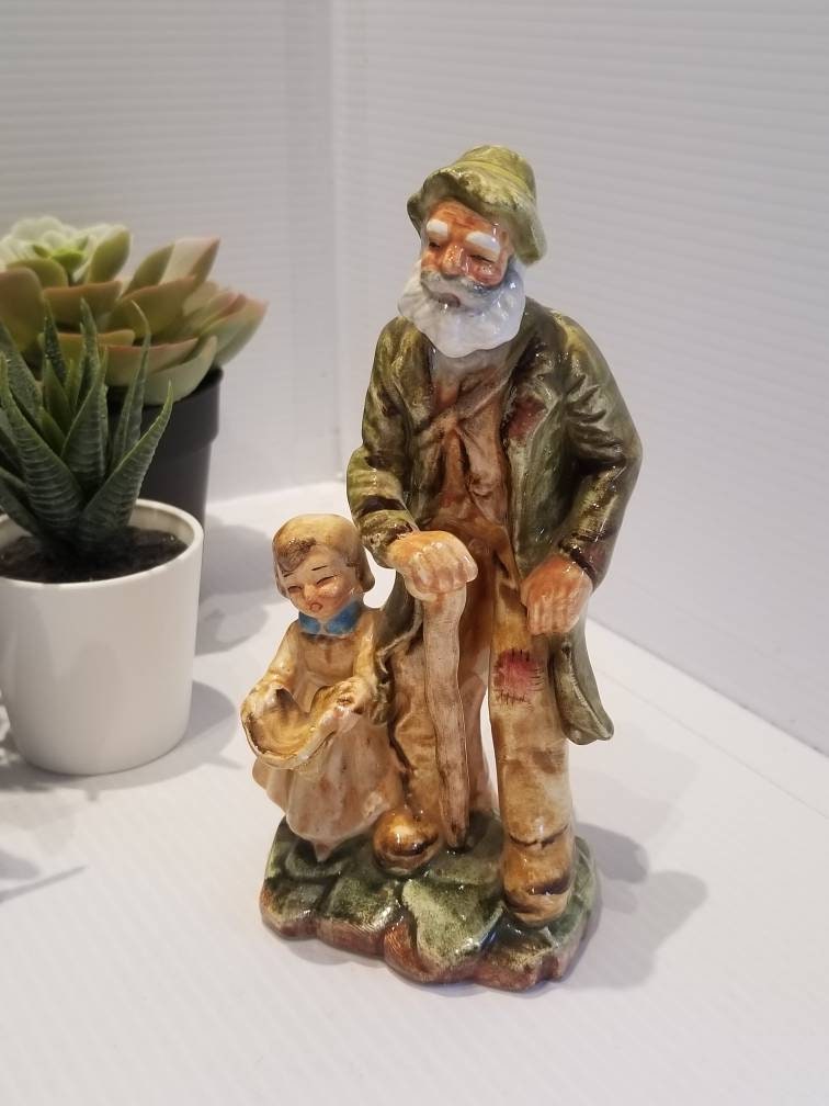 Vintage Porcelain Hobo With Little Girl Figurine, Old Man Vintage Porcelain Hobo With Little Girl Figurine, Old Man