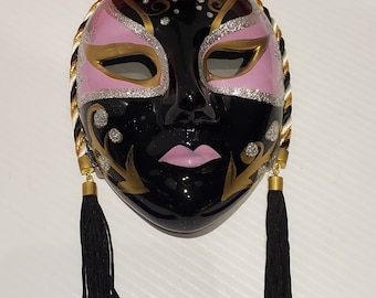 Vintage 80s Ceramic Fantasy Wall Mask, Retro Wall Mask Decor, Masquerade Wall Mask, Clay Art Wall Mask Hanging, 80s Ceramic Wall Masks