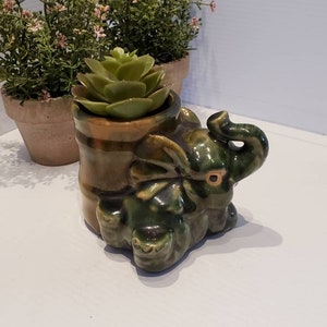 Vintage Green Pottery Lucky Elephant Planter, Elephant Decor, Elephant Giftware, Anthropomorphic Elephant Plant Pot, Kitsch Elephant Pot