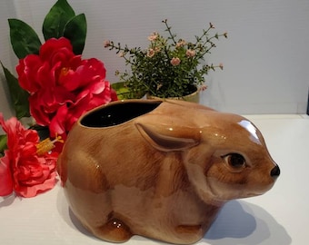 Vintage Ceramic Brown Bunny Planter, Bunny Plant Pot, Indoor Outdoor Rabbit Planter, Handmade Ceramic Bunny Planter, Bunny Decor, Bunny Gift