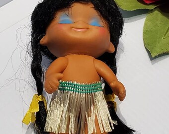 ヴィンテージ 60 年代 ゴム製ハワイアン フラガール人形、ポリネシア