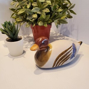 May include: A ceramic duck figurine with brown, white, and blue painted details. The duck is sitting on a white surface with two potted plants in the background.