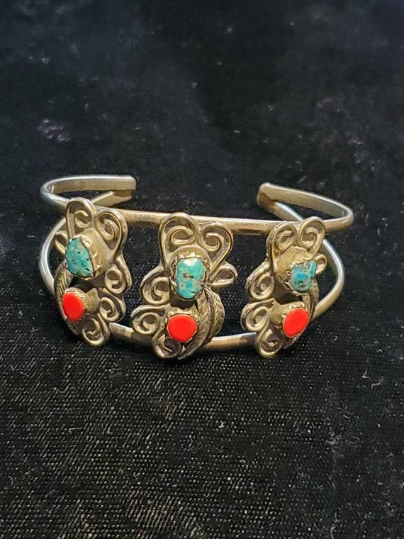 Vintage Mexican Silver Tone Turquoise Coral Cuff … - image 2