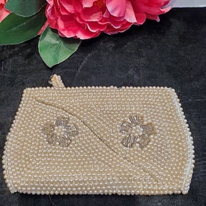 Bolso de noche vintage con cuentas de perlas de imitación, hecho en Japón, bolso de mano de mediados de siglo, bolso formal, bolso de mano elegante, bolso de graduación para bodas.