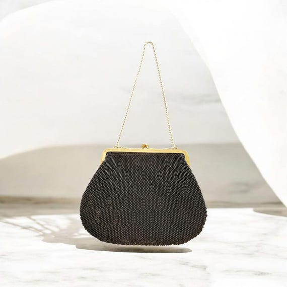 Vintage Black Seed Bead Formal Handbag Clutch, Bl… - image 1