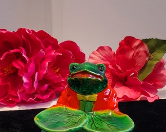 Tarro de condimento de rana de cerámica vintage con cuchara