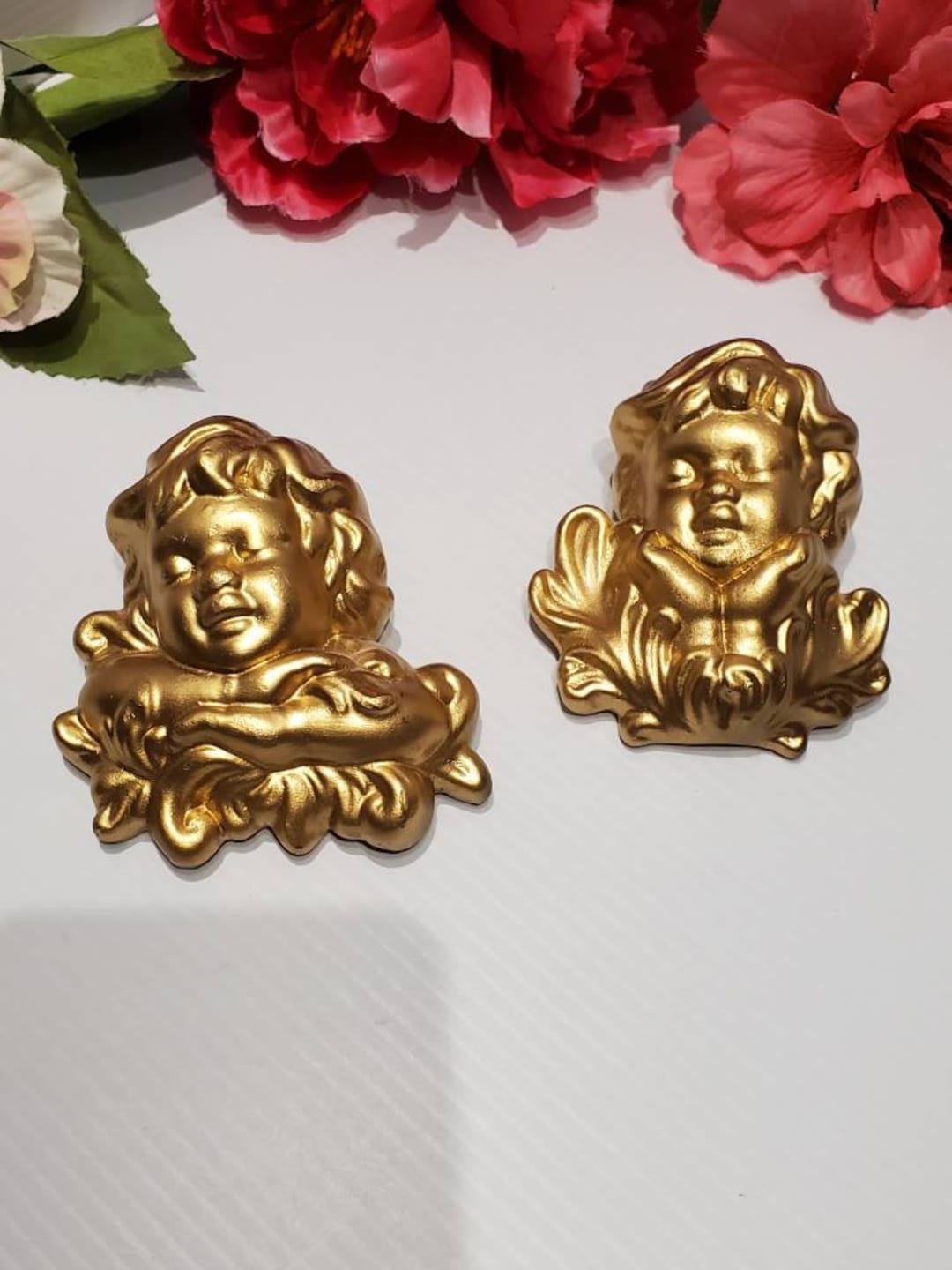 Vintage Gold Chalkware Cherub Wall Hangings, Cherub Wall Decor