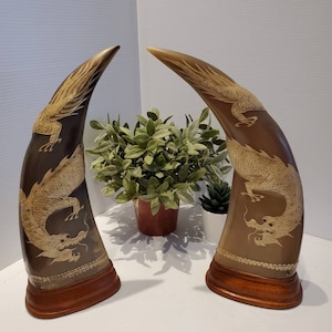 Vintage Thailand Water Buffalo Horns, Hand Carved, Dragon Design, Glass Eyes, Dragon Decor, Chinese Decor, Asian Hand Crafted Art, Mythical
