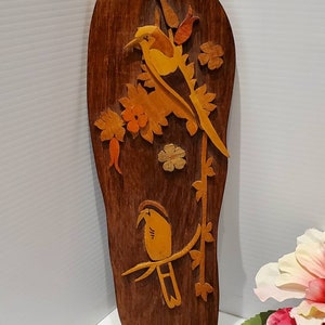 Vintage Scrolled Wood Birds And Floral Wall Plaque, Handmade Wood Bird On Twigs Wall Hanging, Folk Art Bird Wall Decor, Bird Wood Wall Art