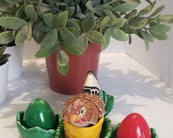 Vintage Hen On Nest And Eggs Salt Pepper Mustard Set, Ceramic, Vintage Hen Servingware, Hen Kitchen Decor, Country Kitchen Decor, Hen Gift,