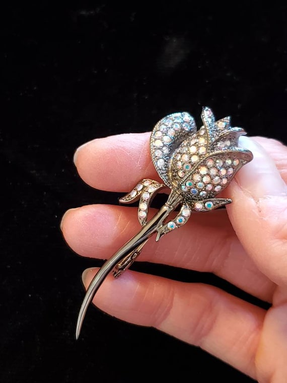 Vintage Butler Aurora Borealis Rhinestone Rose Bro