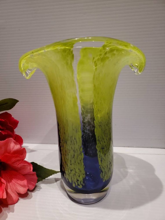 Vintage Murano Style Purple Green Speckled Flared Vase, Hand Blown Glass Vase, Art Deco Style Glass Vase, Art Glass Decor, Artisan Glass