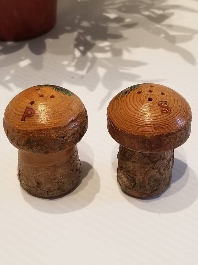 Vintage Mushroom Salt And Pepper Shaker Japan Rustic Wooden Etsy