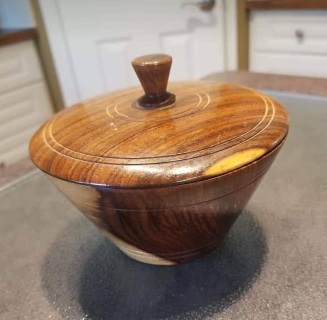 Vintage Wooden Trinket Bowl With Lid, Mid Century Decor, Hand Crafted