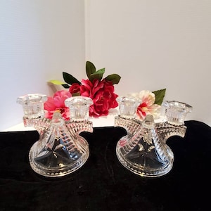 Vintage Clear Pressed Glass Double Taper Candle Holders, Art Deco Style Candle Holders, Art Deco Decor, Candle Decor, Dining Table Decor