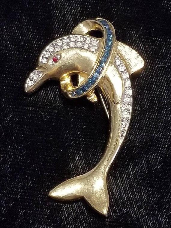 Vintage Rhinestone Butler Dolphin Brooch, Gold Ton