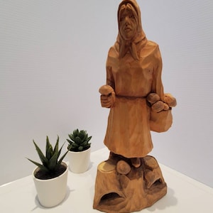Vintage Lady With Mushrooms Wood Statue, Fortin Quebec, Folk Art, Hand Chiseled, Hand Carved Wood Statue, Lady Holding Mushrooms, Artisan