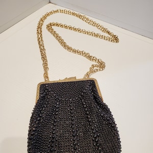 Cartera de mano vintage negra con cuentas de semillas de Leni Perez, cartera de mano formal negra, cartera de noche, cartera de fiesta, cartera gótica, cartera de mano gótica