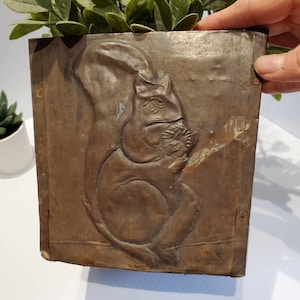 Vintage Copper Embossed Wooden Squirrel Plant Planter, Rustic Punched Metal Squirrel Foliage Square Planter Box, Handmade Planter, Old Box