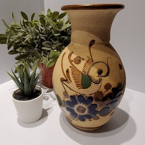 Vintage Mexican Tonala Bird Floral Vase, Sandstone Finish, Hand Painted, Mexican Decor, Tonala Pottery, Mexican Gifts, Artisan Made
