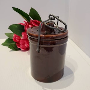 Vintage Pottery Cheese Crock, Brown Glaze, Bale Wire Lid Holder, Kitchen Pottery, Pottery Containers, Country Farmhouse Kitchen, Storage
