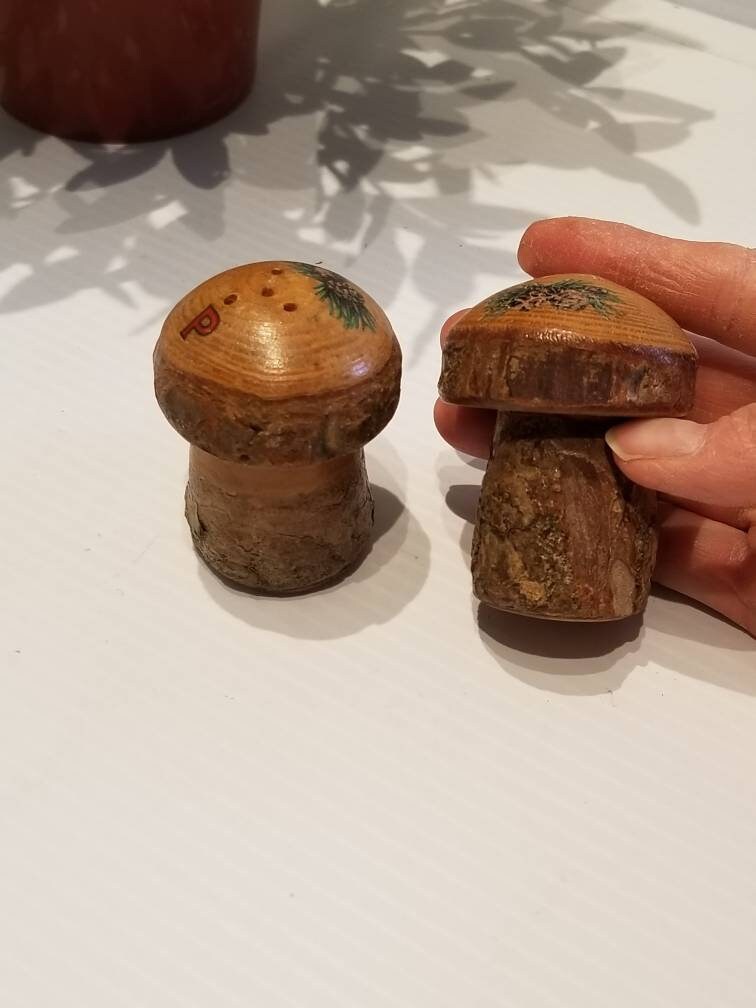 Vintage Mushroom Salt and Pepper Shaker Japan Rustic Wooden Etsy