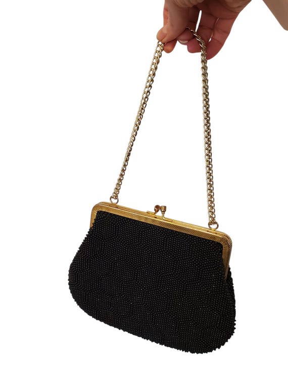Vintage Black Seed Bead Formal Handbag Clutch, Bl… - image 3