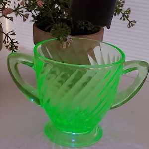 Vintage Green Uranium Depression Glass Sugar Bowl, Uranium Glassware, Teaware, Tea sets, Green Depression Glassware, Glowing Green Glass